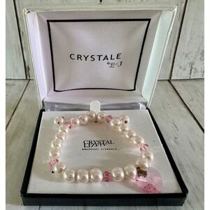 CRYSTALE by L&J Faux Pearl Bracelet Pink Heart Charm & Earrings Swarovski Style